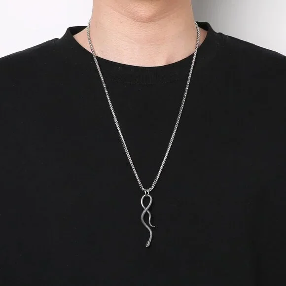 Men's02-Silver Gothic Snake Pendant Necklace - Stainless Steel Animal Jewelry